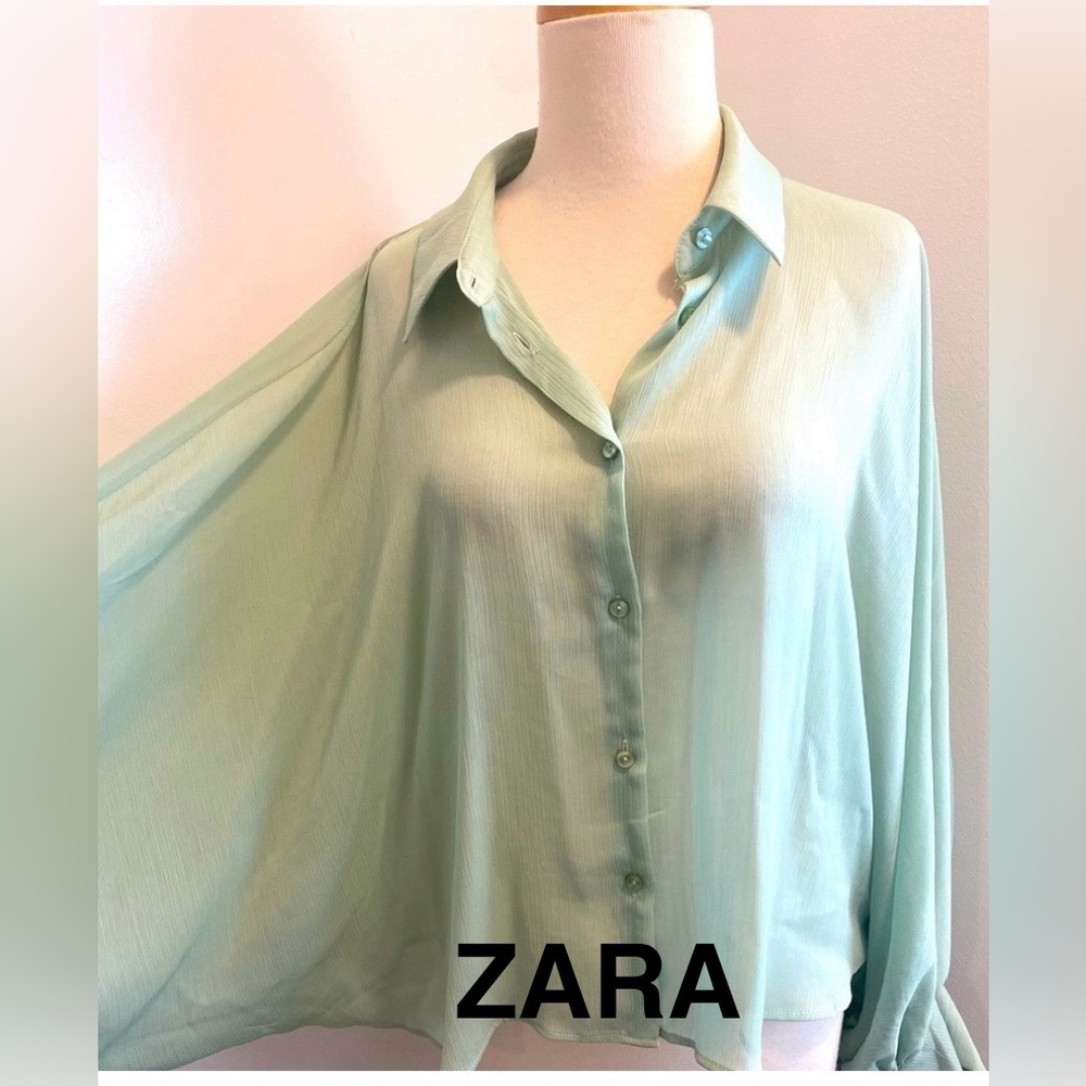 ZARA Mint Green Semi Sheer Cape Top - Size L - NEW
